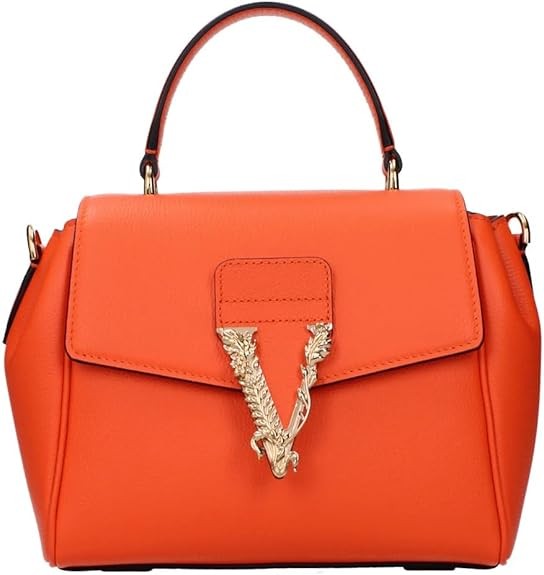 Versace Medusa Women’s Orange Leather Handbag (Medium) – Structured Top-Handle Bag with Medusa Hardware, Button Flap Closure, Removable/Adjustable Strap – Luxury Designer Purse (Spritz/Lime Accents)