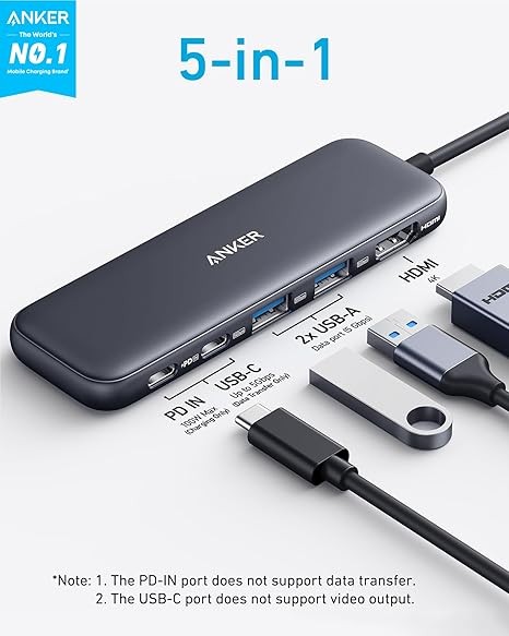 Anker USB C Hub, 5-in-1 USBC to HDMI Splitter with 4K Display, 1 x Powered USB-C 5Gbps & 2×Powered USB-A 3.0 5Gbps Data Ports for MacBook Pro, MacBook Air, Dell and More